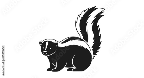 Illustration of a skunk with black and white fur and a bushy tail standing on a white background posing on transparent background