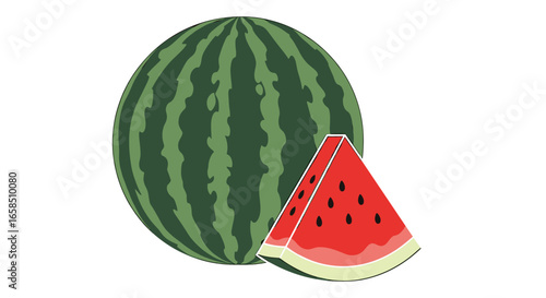 Illustration showing a whole watermelon with green stripes and a slice with black seeds nearby it on transparent background