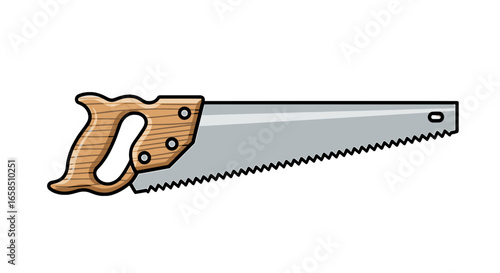 Illustration of a hand saw with a wooden handle and a gray blade with sharp teeth on a white background on transparent background