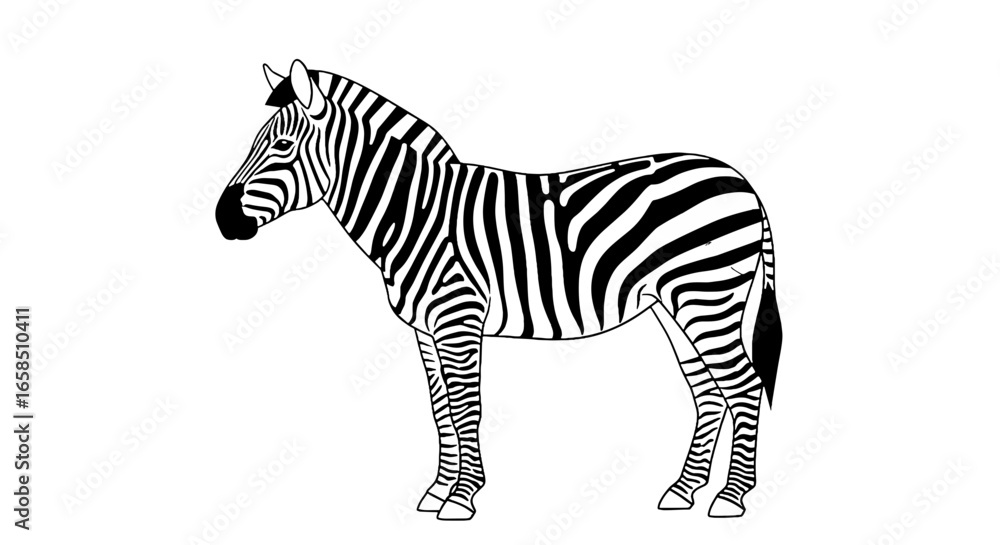 Fototapeta premium A zebra standing in profile with black and white stripes covering its entire body in a simple illustration on transparent background
