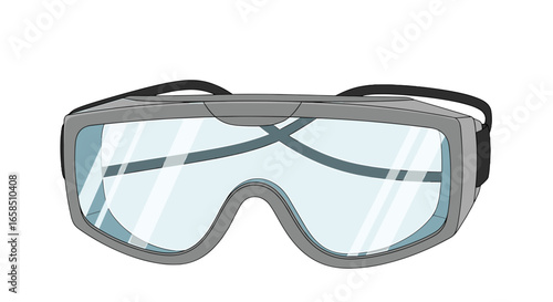 Illustration of gray safety goggles with a black strap and clear lenses on a white background view from front on transparent background
