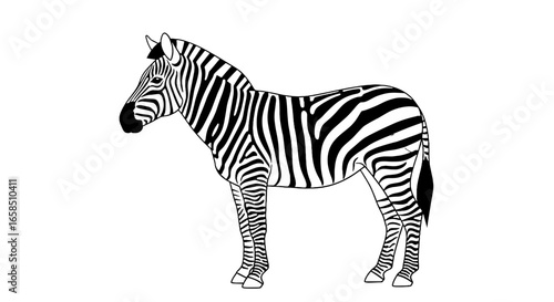 A zebra standing in profile with black and white stripes covering its entire body in a simple illustration on transparent background