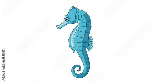 Illustration of a light blue seahorse with a curled tail and a small fin against a white background scene on transparent background