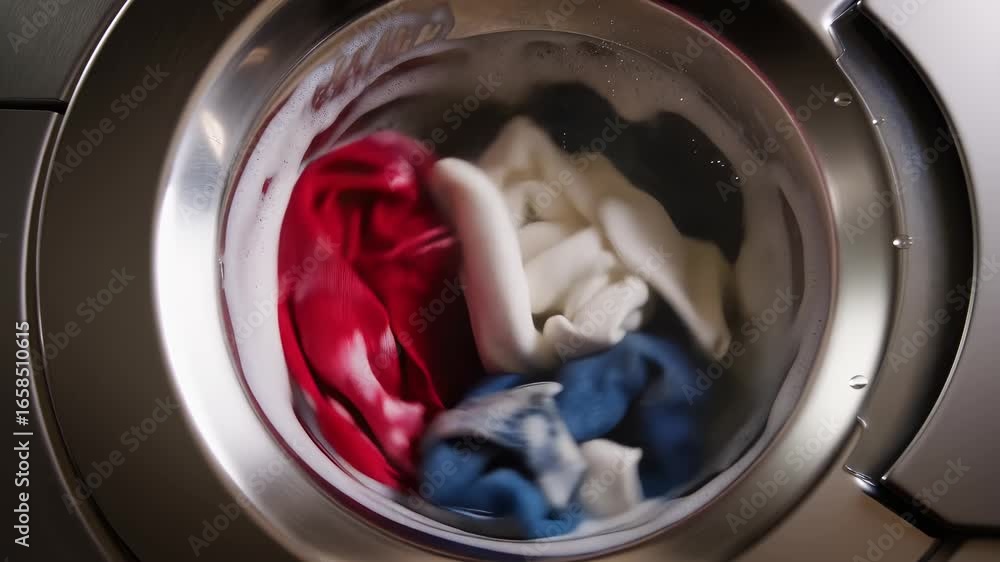 Clothes washing in a modern washing machine, for cleaning, laundry, and home appliances advertising Clothes washing in a modern washing machine, for cleaning, laundry, and home appliances advertising
