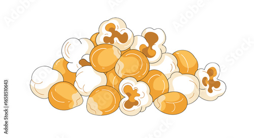 Illustration of a pile of popcorn kernels with a mix of white and yellow pieces on white background on transparent background