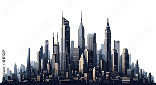 A detailed monochrome illustration of a dense urban cityscape with numerous skyscrapers reaching high on transparent background