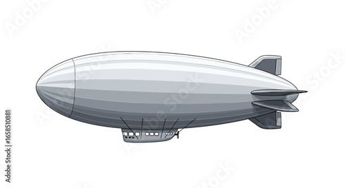 Illustration of a gray blimp with tail fins and a passenger gondola against a white background design view on transparent background