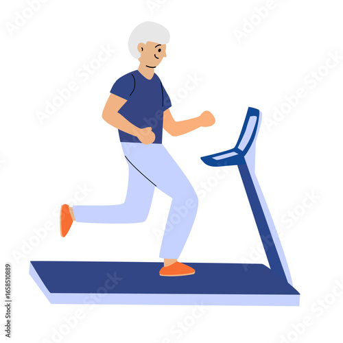 Mature caucasian male exercising on treadmill.