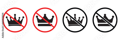 No Crown Icon Set – Forbidden Royalty Prohibition Sign and Restriction Symbol Vector Illustration