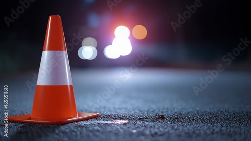 Traffic cone reflective safety warning on dark asphalt road at night with blurred lights creating moody and tense atmosphere for road safety