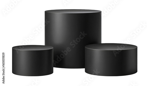 Three dark gray cylindrical podiums of varying sizes