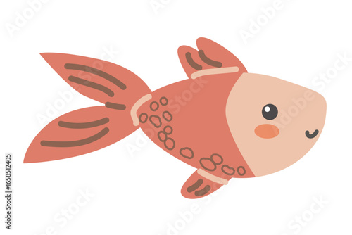 Cute cartoon veiltail goldfish fish with brown fins and smiling expression.