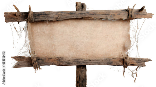 Rustic wooden signpost with burlap canvas and spooky cobwebs creates a weathered, vintage look for your projects  isolated on white background