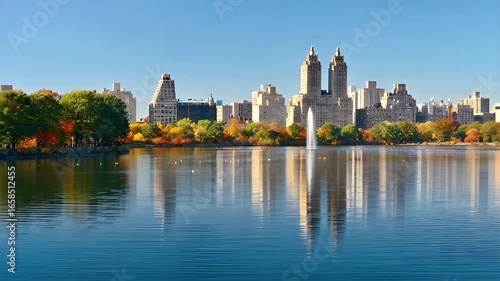 Central park. Manhattan, New York City. Aerial view of central park during autumn, with skyscrapers reflecting on waters surface. The scene is set against a clear blue sky.