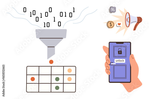 Binary data flows into a filter, converting into actionable results in a grid. Nearby, a smartphone displays unlocking progress, alongside marketing icons for offers, analytics, and money. Ideal