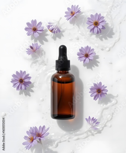Amber Dropper Bottle with Purple Flowers in Water Ripple on White Background