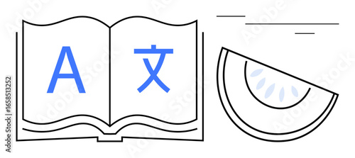 Open book displaying multilingual symbols beside a watermelon slice, evoking freshness and creativity. Ideal for education, language, translation, study, global communication, culture, simple flat
