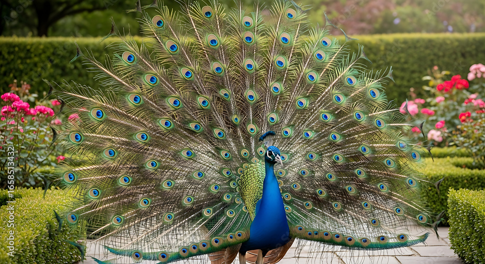 Obraz premium A peacock displays its vibrant plumage in a garden setting, surrounded by greenery and flowers.