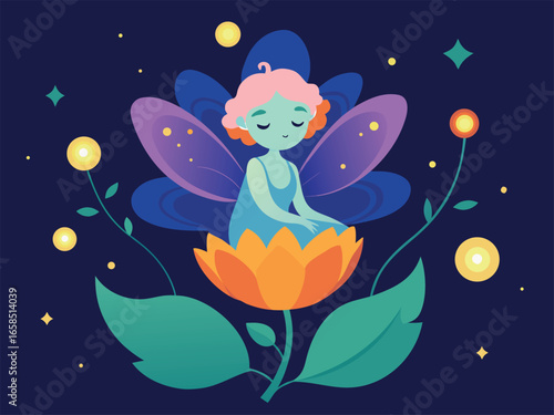 Cute little fairy and flower. Vector illustration in cartoon style.