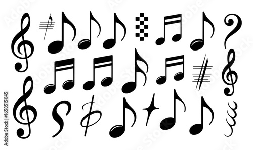 Black Musical Notes and Symbols on a White Background treble clef bass clef