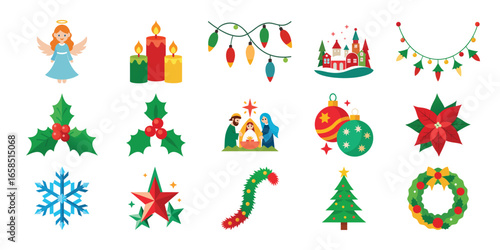 Festive Christmas Vector Icons Set with Traditional Holiday Elements and Decorations