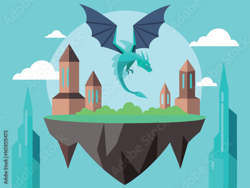 Dragon flying over the city. Vector illustration in flat design style.