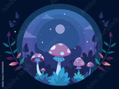 Mushrooms in the night forest. Vector illustration in flat style