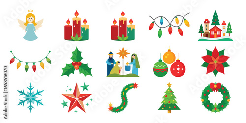 Festive Christmas Vector Icons Set with Traditional Holiday Elements and Decorations