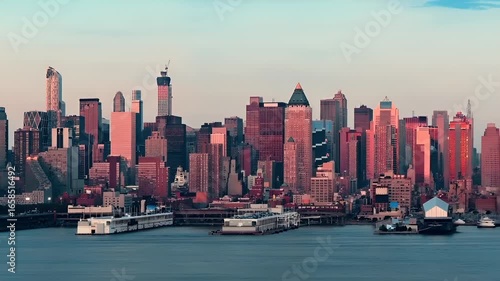 Wallpaper Mural Manhattan, New York City. Aerial view of New York City skyline during sunset, with skyscrapers and water bodies visible. The cityscape is dominated by a mix of modern and traditional architecture. Torontodigital.ca