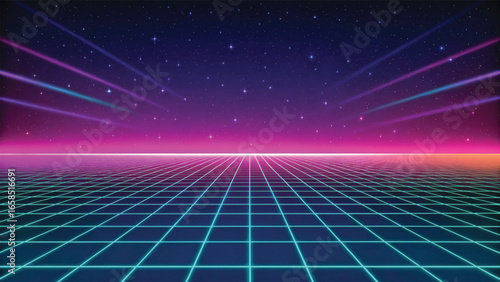 Retro Futuristic Grid Landscape with Starry Sky digital
