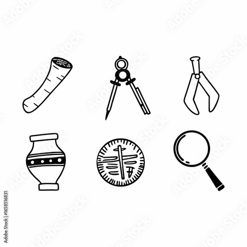 Archaeology and ancient artifacts icons isolated on white background, representing history and discovery