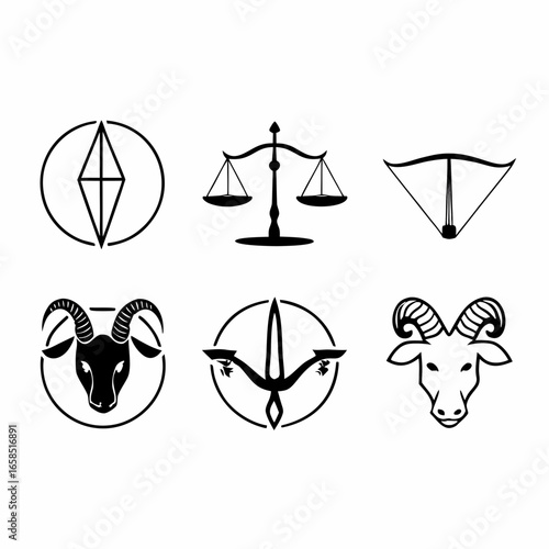 Zodiac signs astrology symbols isolated on white background for horoscope prediction and mystic art