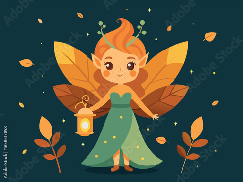 cute little fairy with lantern and leafs scene vector illustration design