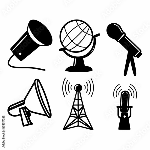 Illustration of microphones, globe, megaphone, and antenna isolated on white background