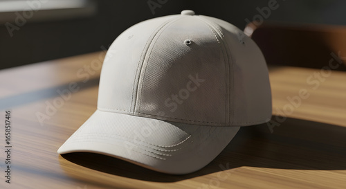 Displaying a Beige Baseball Cap on a Wooden Table, Still Life Photography in a Cozy Environment