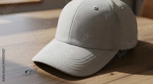 Stylish Beige Cap on Wooden Table, Indoor Setting, Still Life Photography, Minimalist Aesthetic