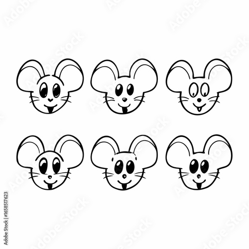 Collection of cartoon mouse faces isolated on white background, vector illustration of cute rodents