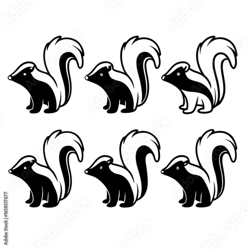 Group of cute skunks isolated on white background in various poses and cartoon style design