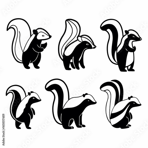 Collection of cute skunks isolated on white background in various poses and cartoon style design