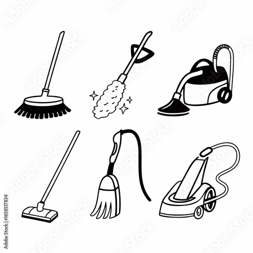 Collection of cleaning tools and equipment for housework isolated on white background