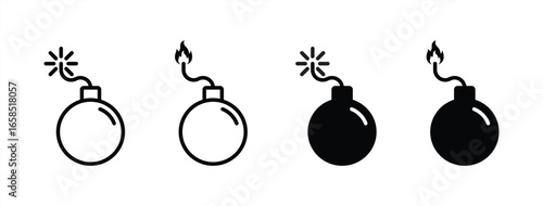 Bomb Icon Set in Black and White, Collection of Round Explosive Symbols with Fuse and Fire Flame for Danger, Warning, Risk, and Explosion Concept in Flat and Outline Style