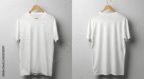 Showcase of a Plain White T-Shirt on a Wooden Hanger in Minimalistic Studio Environment