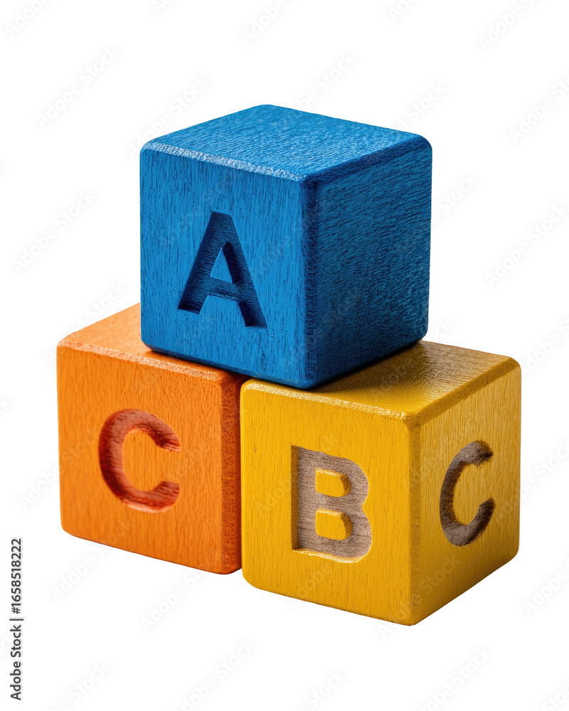 Obraz premium Three colorful wooden blocks, stacked, displaying letters A, B, and C