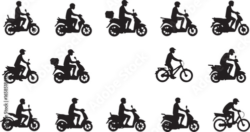 Silhouettes of cyclists on bicycles riding, jumping, and racing in a black and white vector illustration for extreme cycling sport