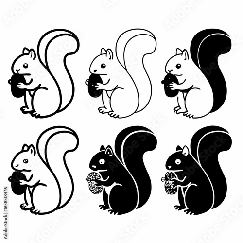 Illustration of six squirrels isolated on white background, showcasing their bushy tails and adorable posture