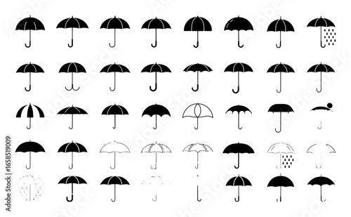 Diverse collection of black and white umbrella icons and rain symbols weather protection