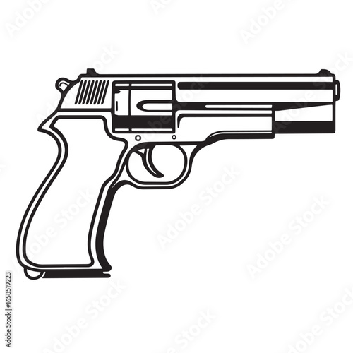 Clean vector illustration of a semi automatic handgun in black and white outline