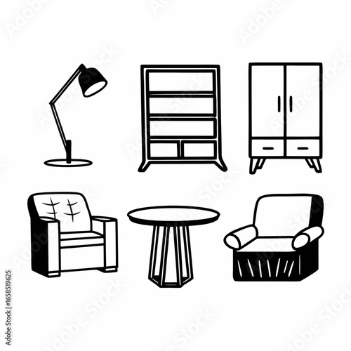 Illustration of furniture including lamp, shelf, wardrobe, armchair and table isolated on white background