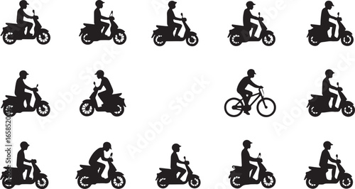 Vector illustration of a set of black bicycle silhouettes, including riders performing various stunts and jumps for extreme sports and motocross