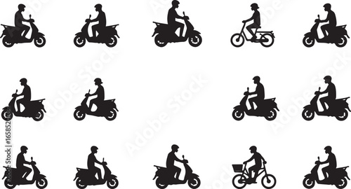 A collection of black vector silhouettes of people riding bicycles and motorcycles in various extreme sports actions